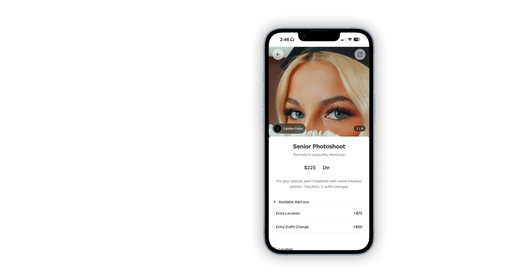 Senior photoshoot booking screen on mobile