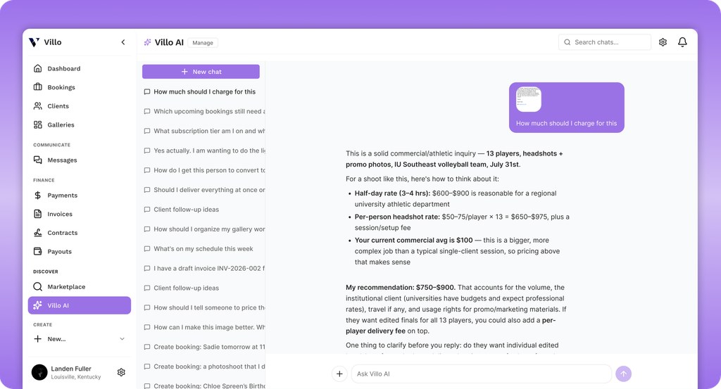 Villo AI chat with pricing advice, chat history, and business coaching conversation