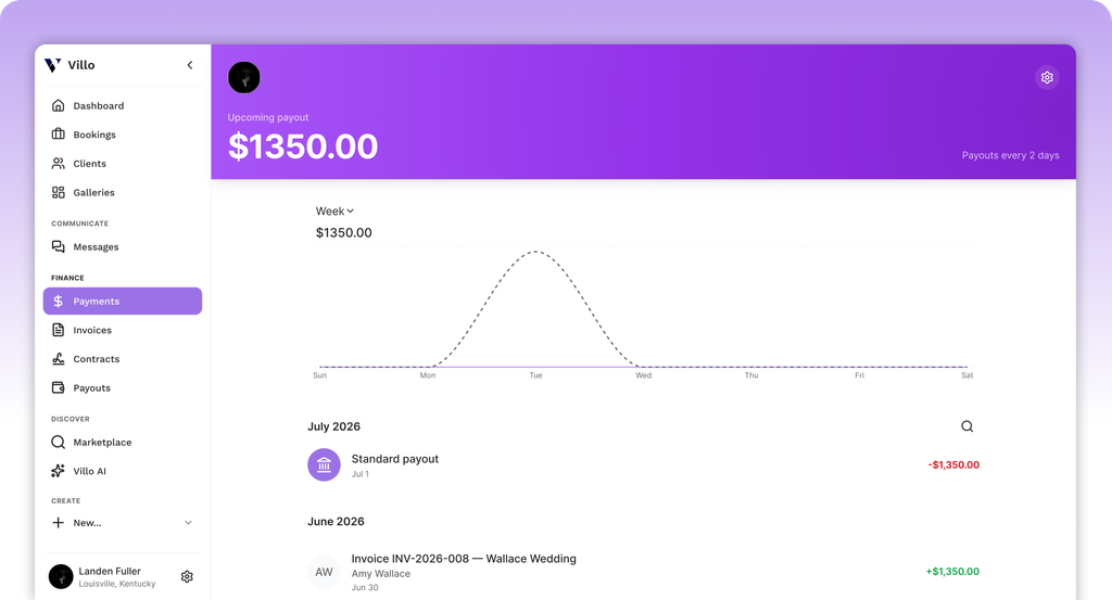 Villo payments dashboard with upcoming payout, revenue chart, and transaction history