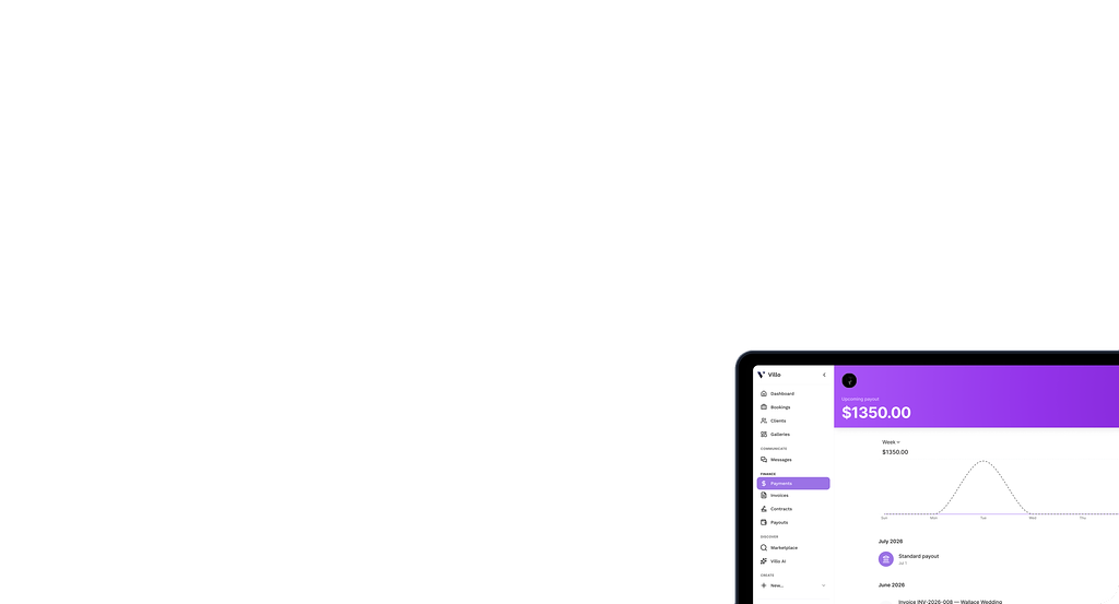 Villo payments dashboard with upcoming payout and weekly chart