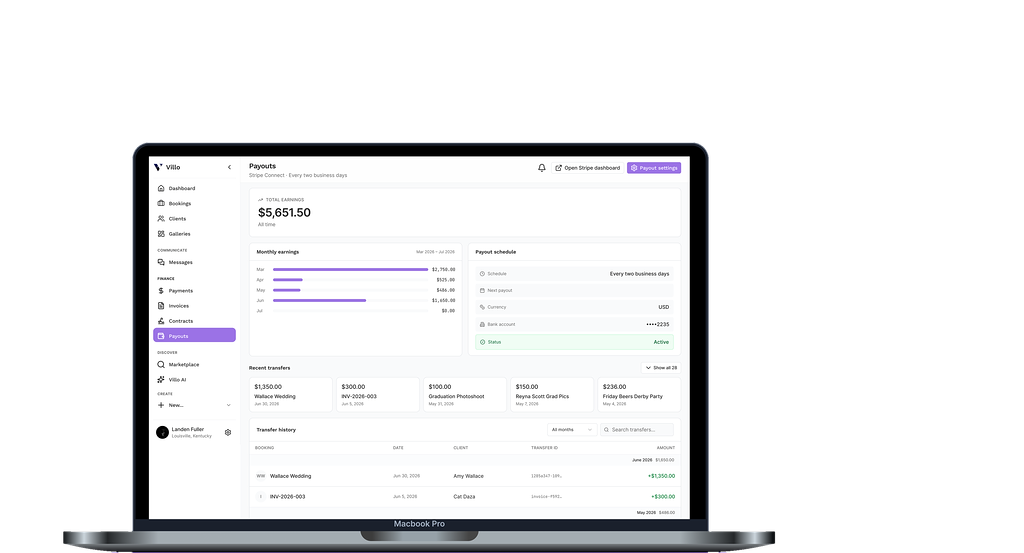Villo payouts dashboard with earnings chart and transfer history